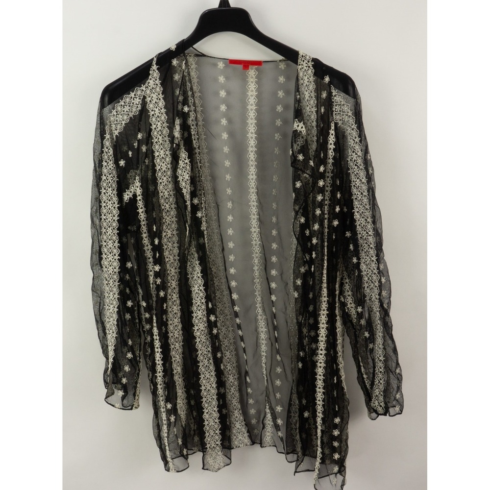 Shamask Open Front Crochet Lace Floral Sheer Long Sleeve Top Women 2 Black White
